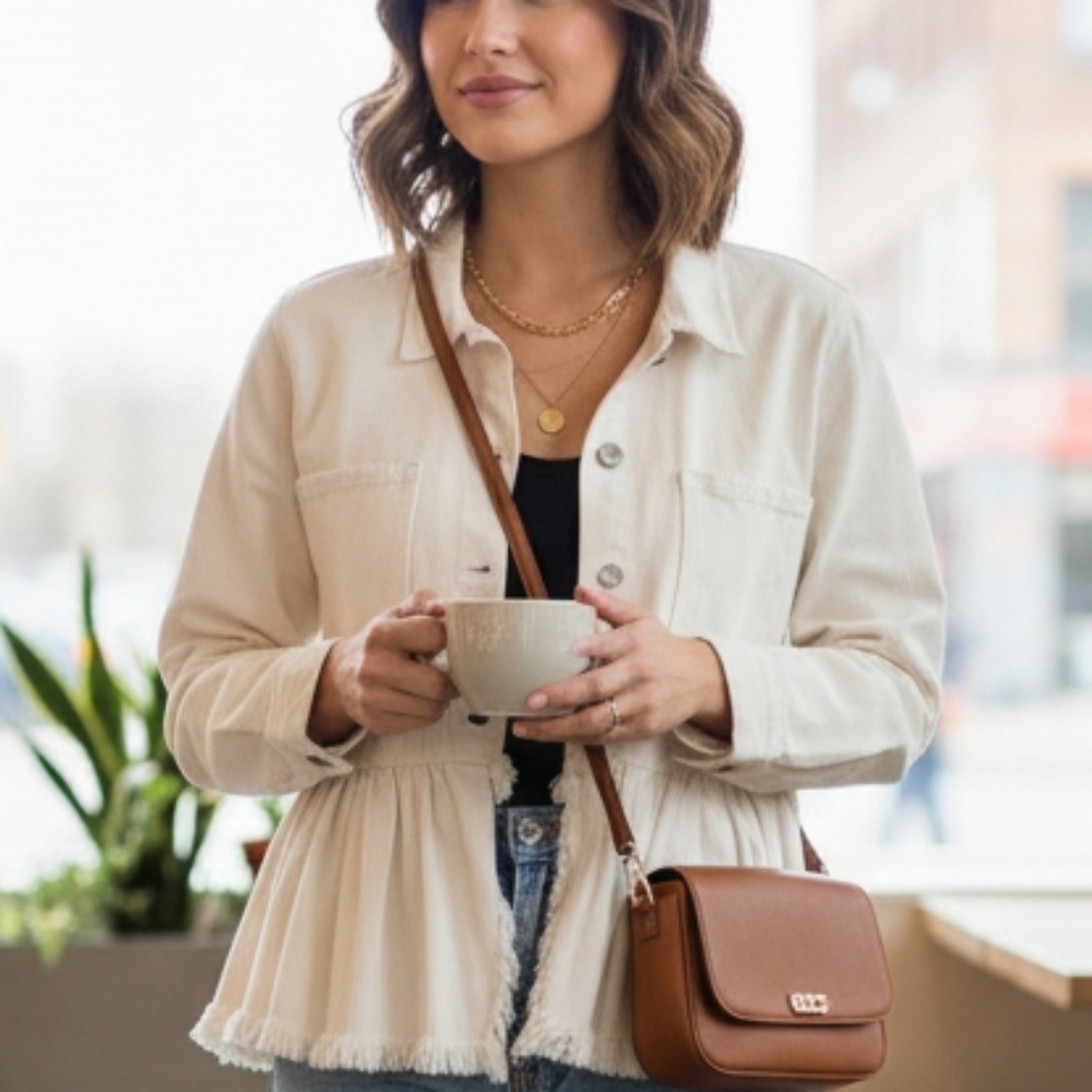 NWT Mudpie Banks Peplum Jean Jacket | Cream Raw Hem Denim Shacket Medium 💖 New!